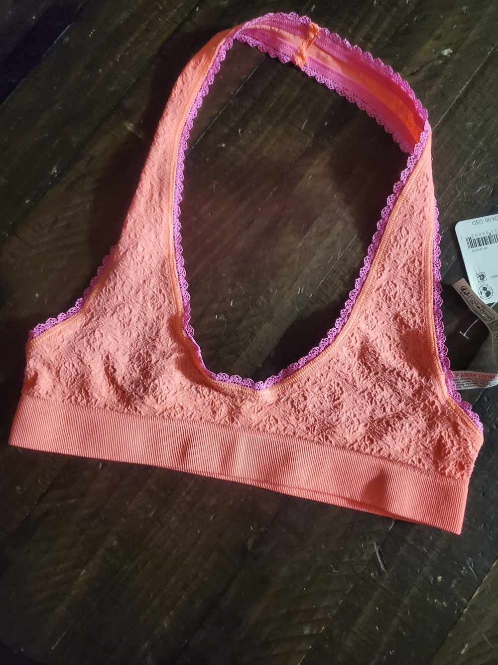Free People Coral Lace Halter Bralette with Pink Trim